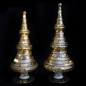 Two lighted striped and glittered silver mercury glass christmas trees with gold and silver mosaic finish set of 2