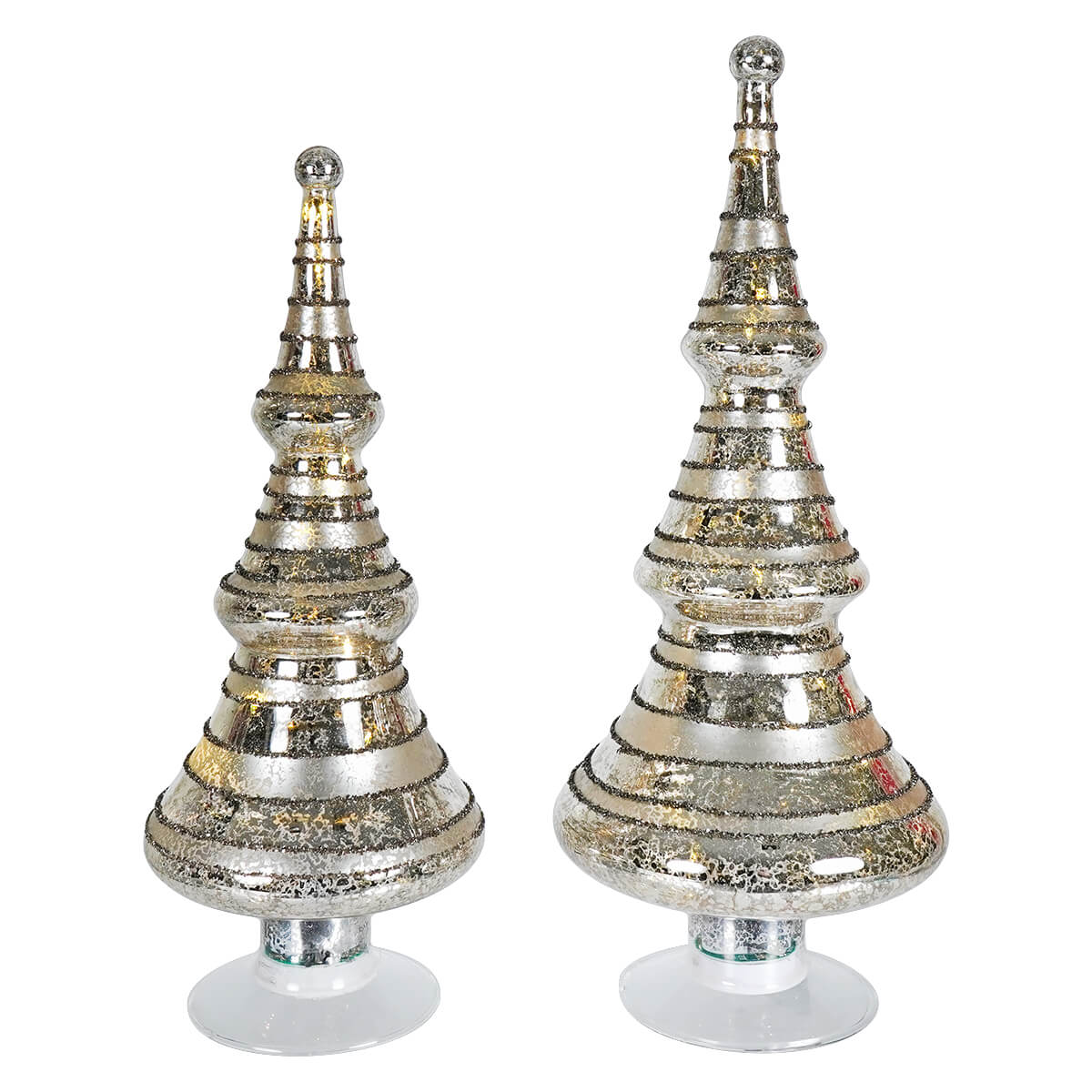 Two lighted striped and glittered silver mercury glass christmas tree decorations in silver mercury glass finish