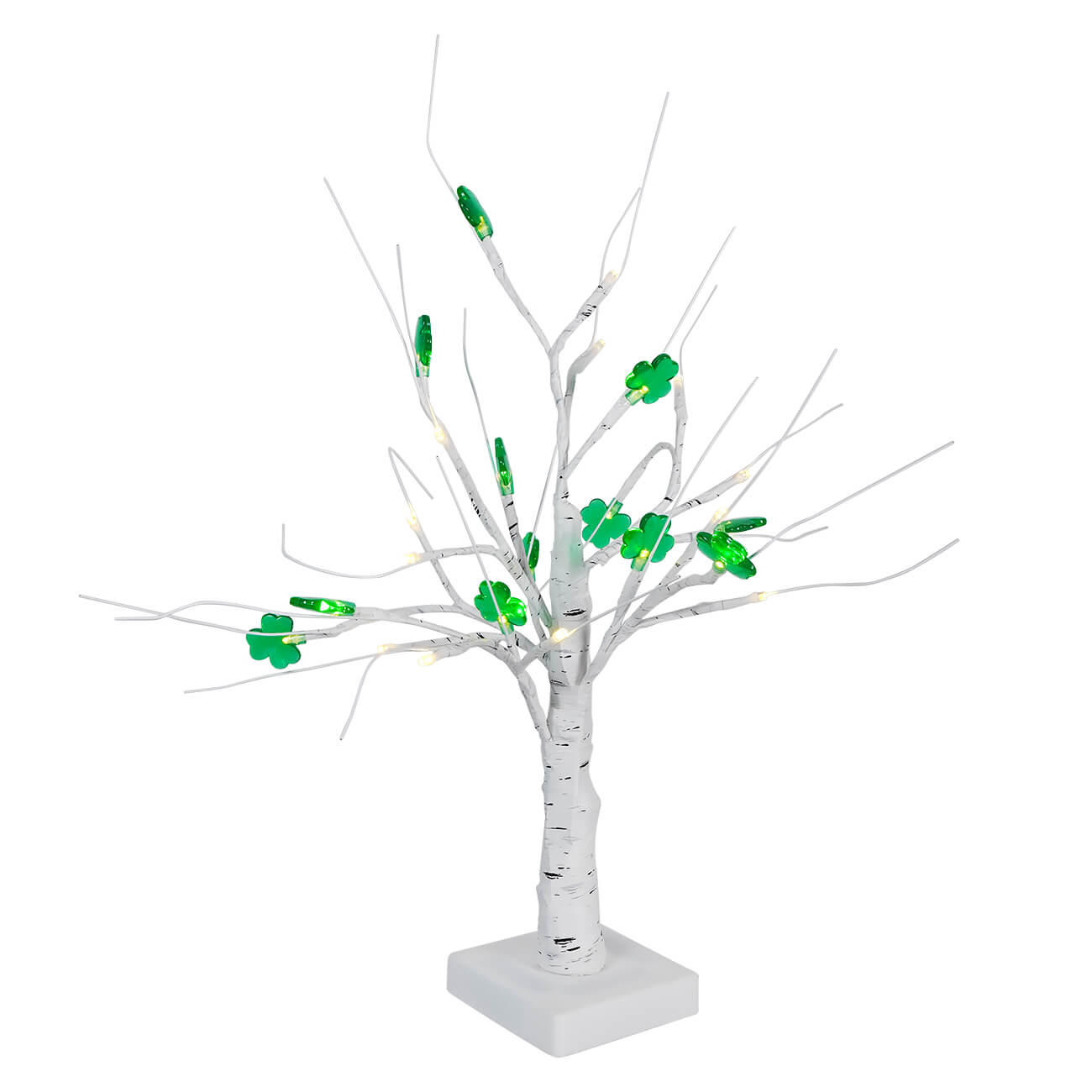 Stylized white tree with green leaf-like decorations on its branches.