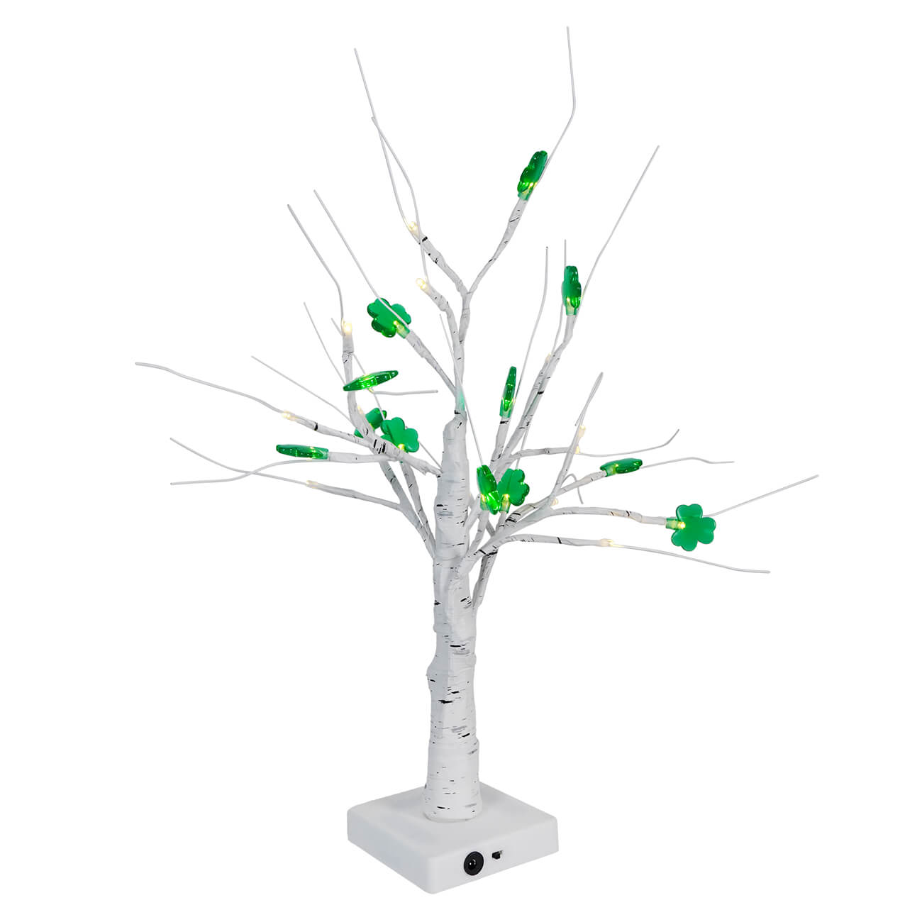 White artificial tree with green LED lights on its branches.