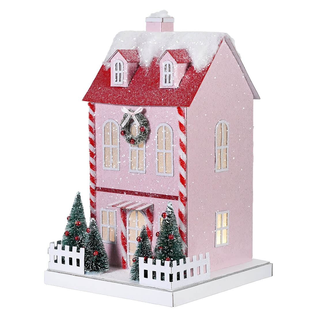 Lighted Winter Candy Cane Pink Paper House - Christmas