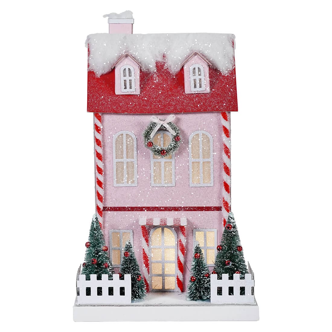 Lighted Winter Candy Cane Pink Paper House - Christmas