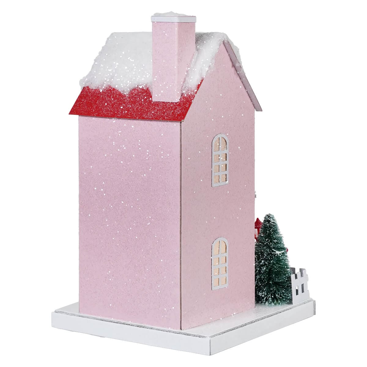 Lighted Winter Pink Paper House With Lamp Post - Christmas