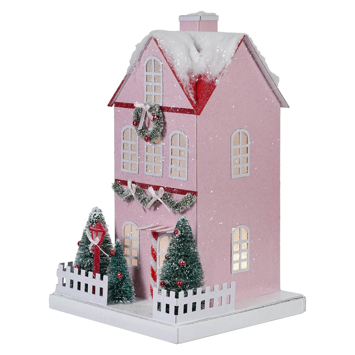 Lighted Winter Pink Paper House With Lamp Post - Christmas