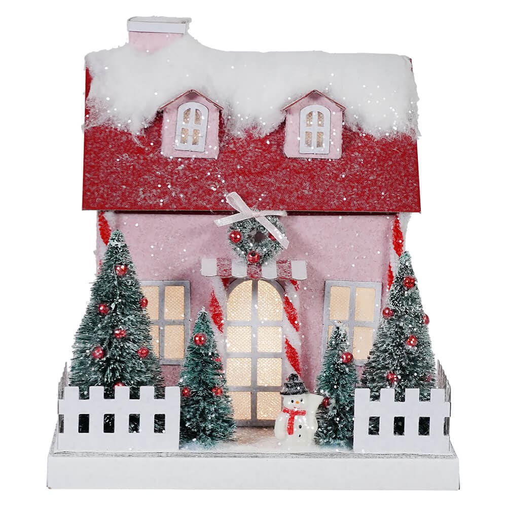 Lighted Winter Snowman Pink Paper House - Christmas