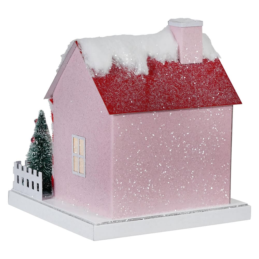 Lighted Winter Snowman Pink Paper House - Christmas