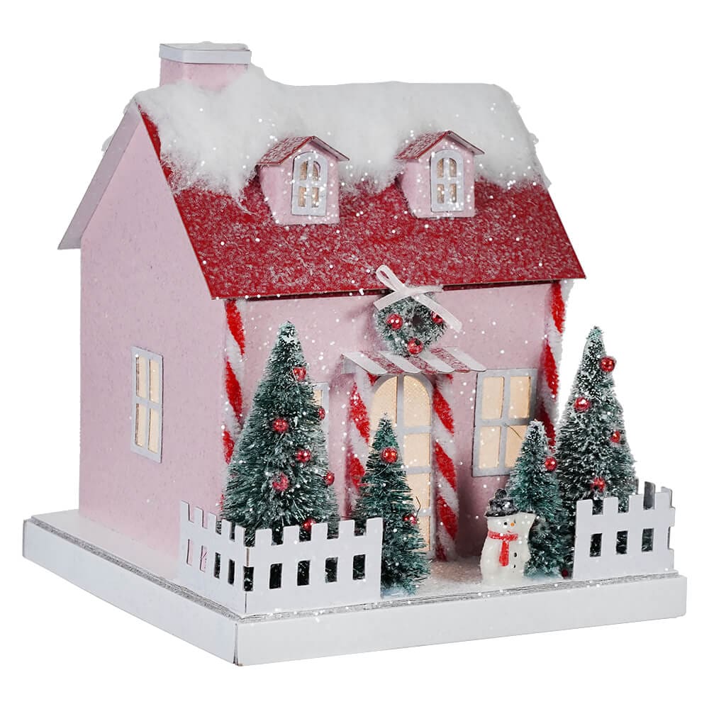 Lighted Winter Snowman Pink Paper House - Christmas