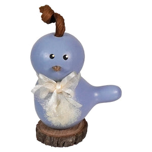 A charming blue birdie gourd figurine with a rustic rope tuft and ivory lace bow perfect for easter and spring tabletop decor