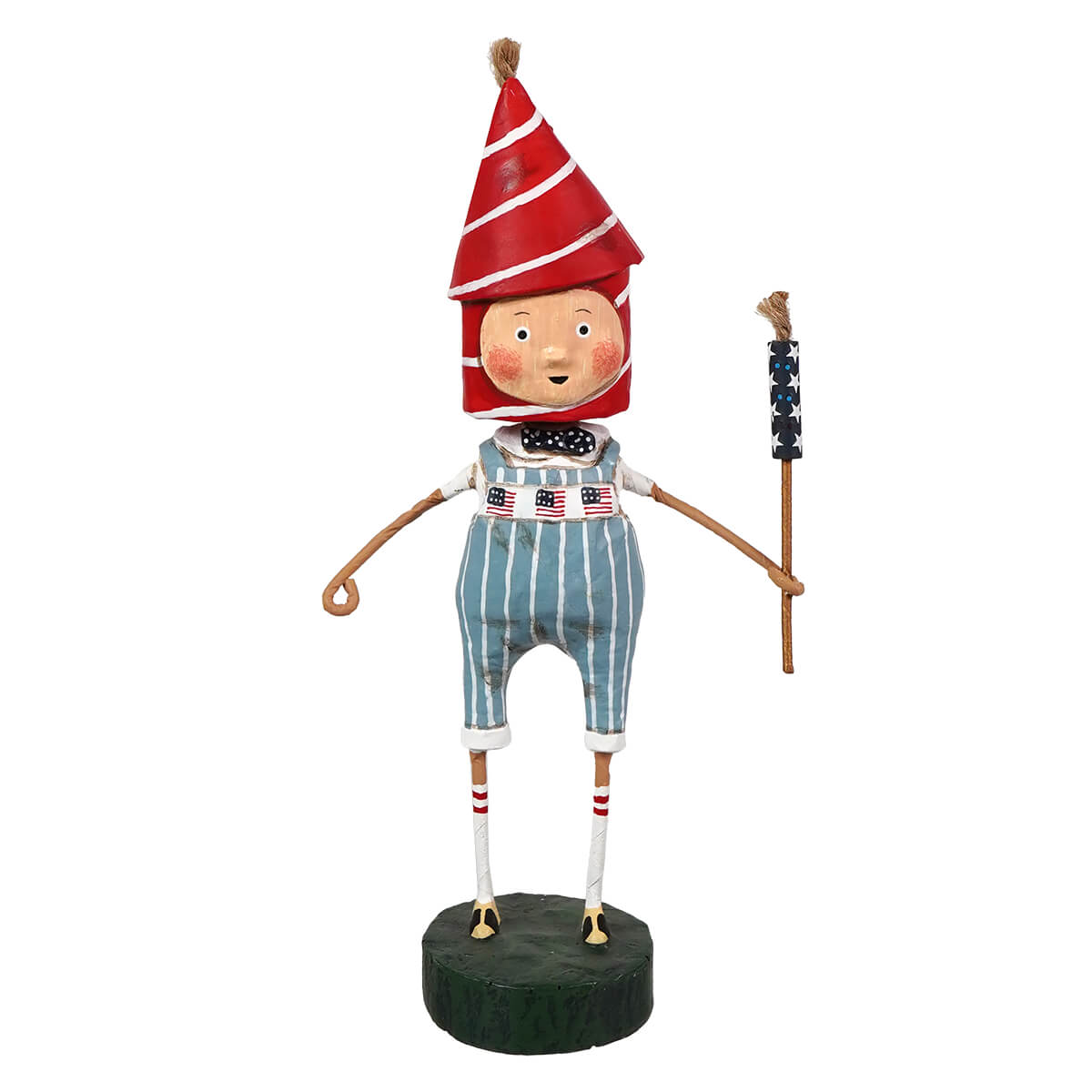 Lilfirecrackers set figural decor featuring a lori mitchell whimsical red white striped hat boy in blue pinstripe overalls