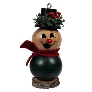Hand-painted wooden lil pinewood snowman gourd with black top hat greenery red scarf cheerful face meadowbrooke large snowman