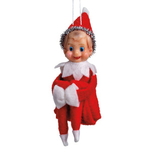 Red felt elf ornament with silver tinsel trim and white fur accents perfect for boy elf figure collections and elf figures decor