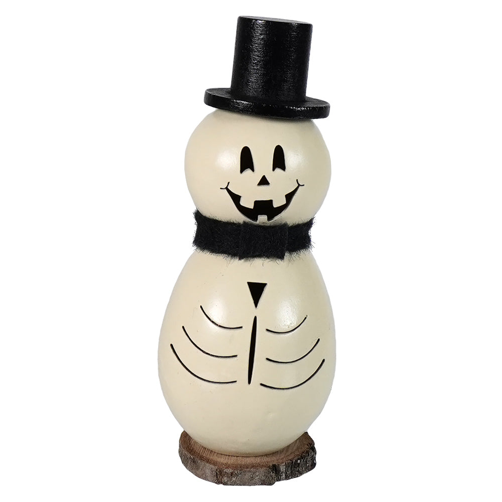 Cream-colored wooden lil skully the skeleton gourd halloween skeleton figurine with black hat scarf and facial features
