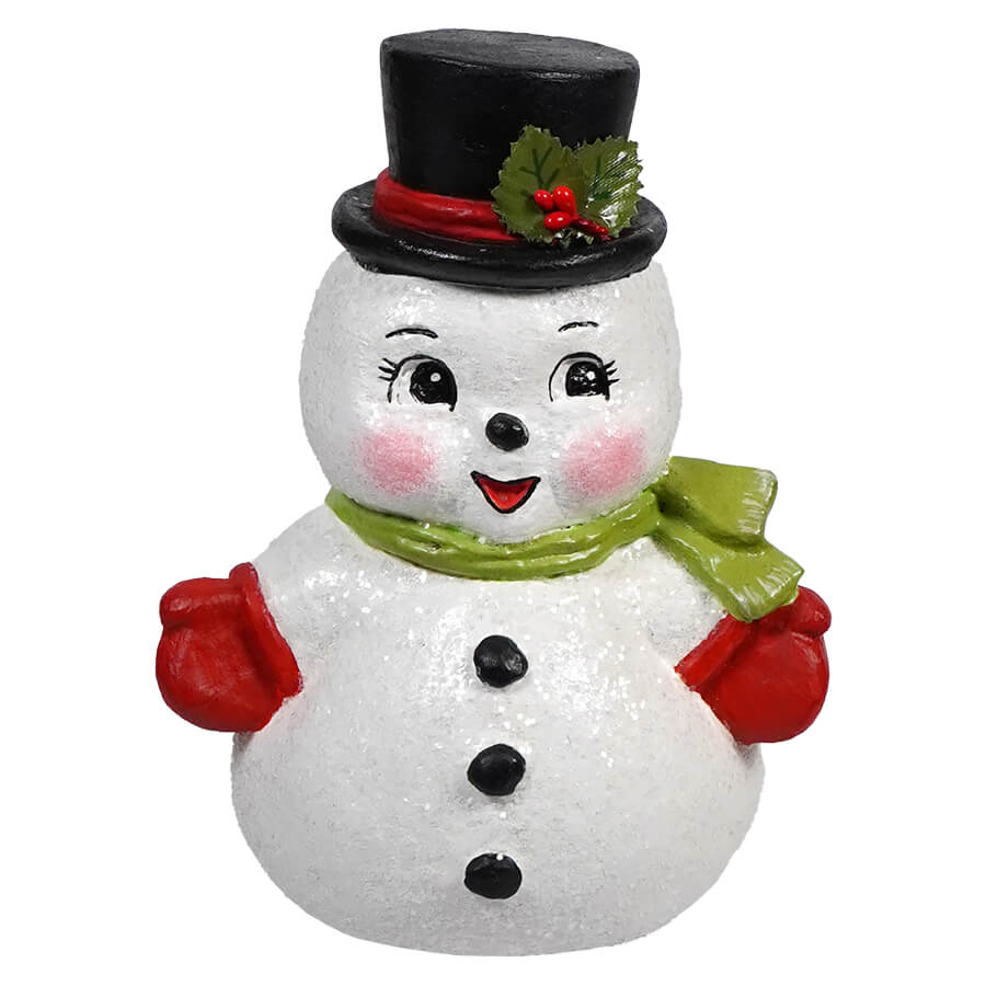 Cheerful ceramic snowman wearing a black top hat, red mittens, and green scarf decorated with holly berries.