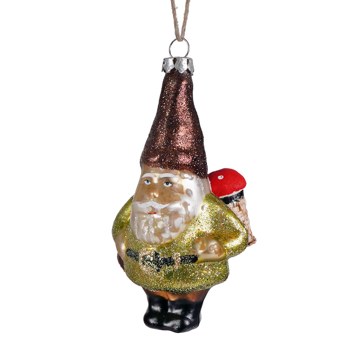 A glittery cody foster lime green and brown mercury glass gnome ornament with a brown hat and black boots