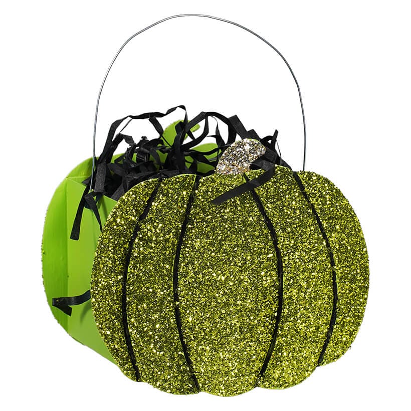 Lime Green Glittered Pumpkin Bucket