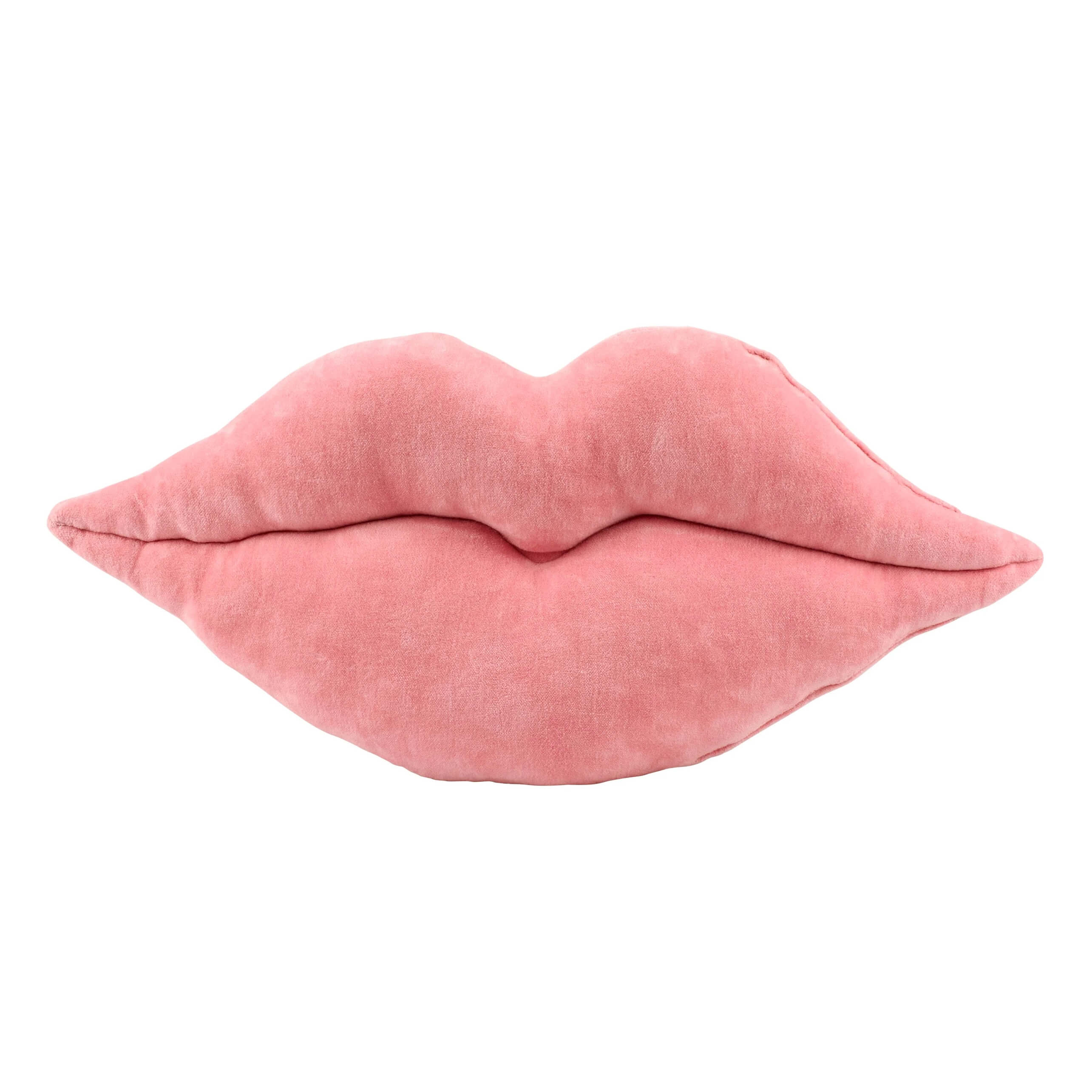 A plush pink lips pillow with soft velvety texture perfect as valentine’s day pillows or lips pillow decor