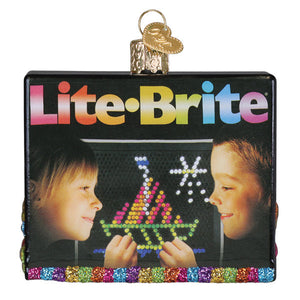 This black lite brite box ornament features rainbow joe lunchbox ornament branding with glittery trim and gold loop