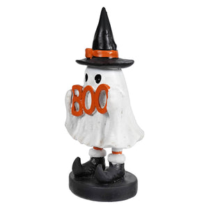 Little boo ghost white ceramic boo ghost wearing black witch hat with orange band holding orange boo letters vintage decor