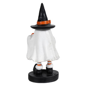 Little boo ghost figurine wearing a black witch hat and white robe on black base vintage halloween ghost figures decor