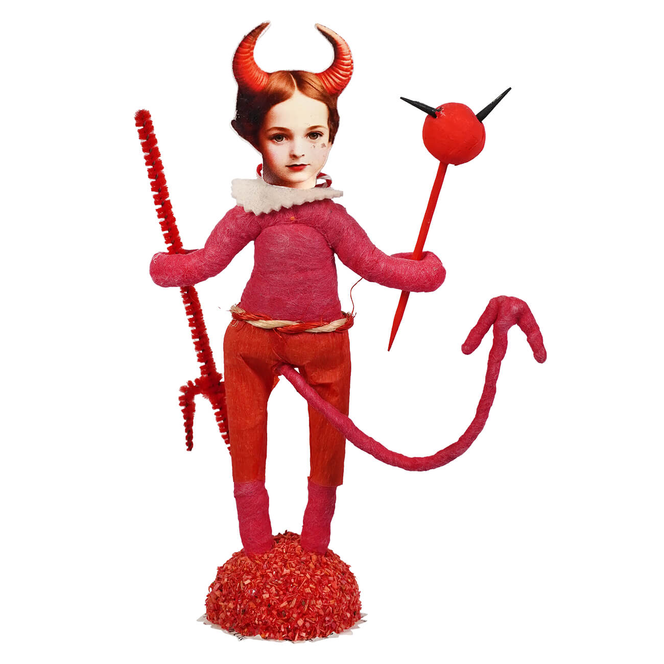 Little devil boy figure handcrafted folk art red devil boy figure with orange horns and paper mache textured fabric body