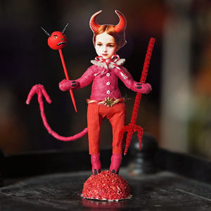 Little devil boy figure with whimsical red devil design handcrafted folk art paper mache and textured fabric outfit