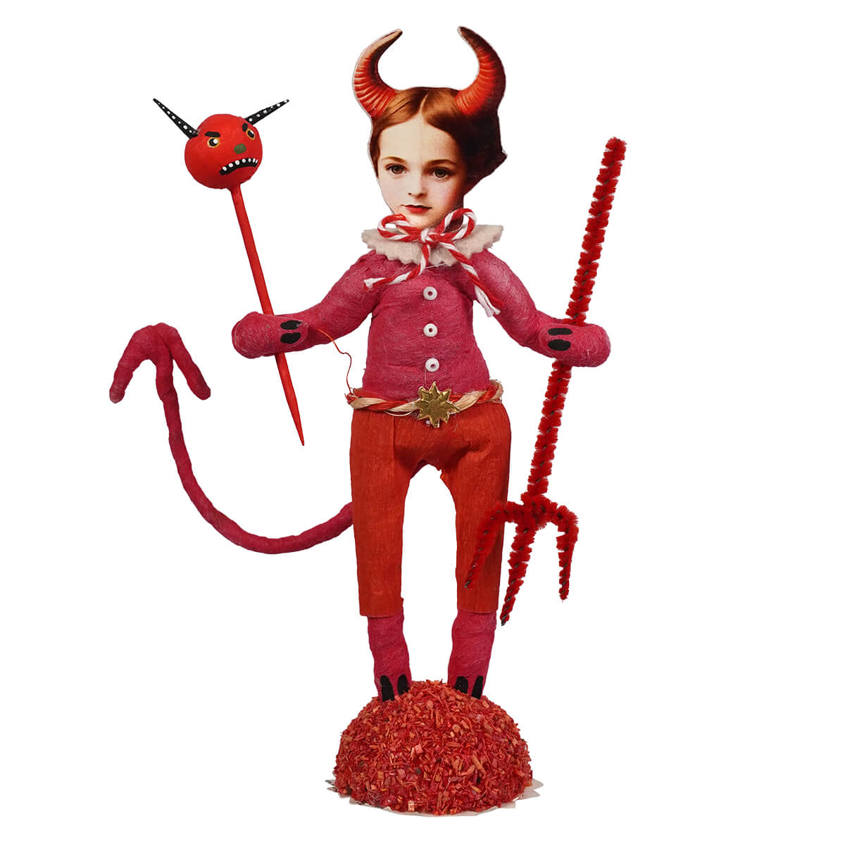 Little devil boy figure handcrafted paper mache red devil boy figure with horns tail holding stick with demon head