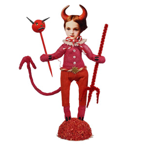Little devil boy figure handcrafted paper mache red devil boy figure with horns tail holding stick with demon head