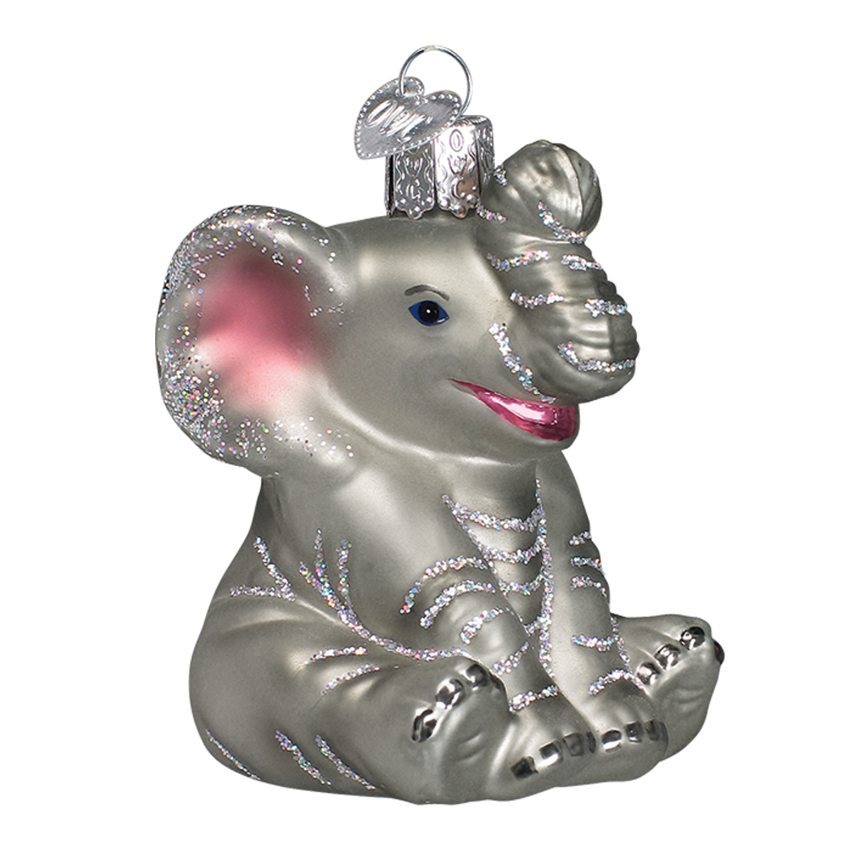 Little elephant ornament silver glass elephant with pink glitter accents and decorative cap perfect for lighted decor