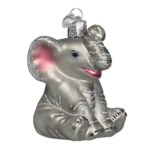 Little elephant ornament silver glass elephant with pink glitter accents and decorative cap perfect for lighted decor
