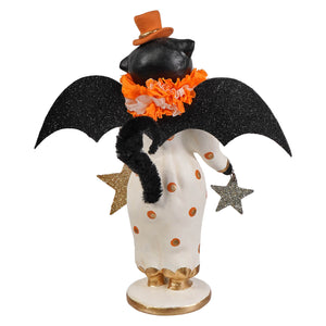 Little fancy pants cat black cat figurine with glittery wings orange top hat and polka-dot dress perfect for halloween cats