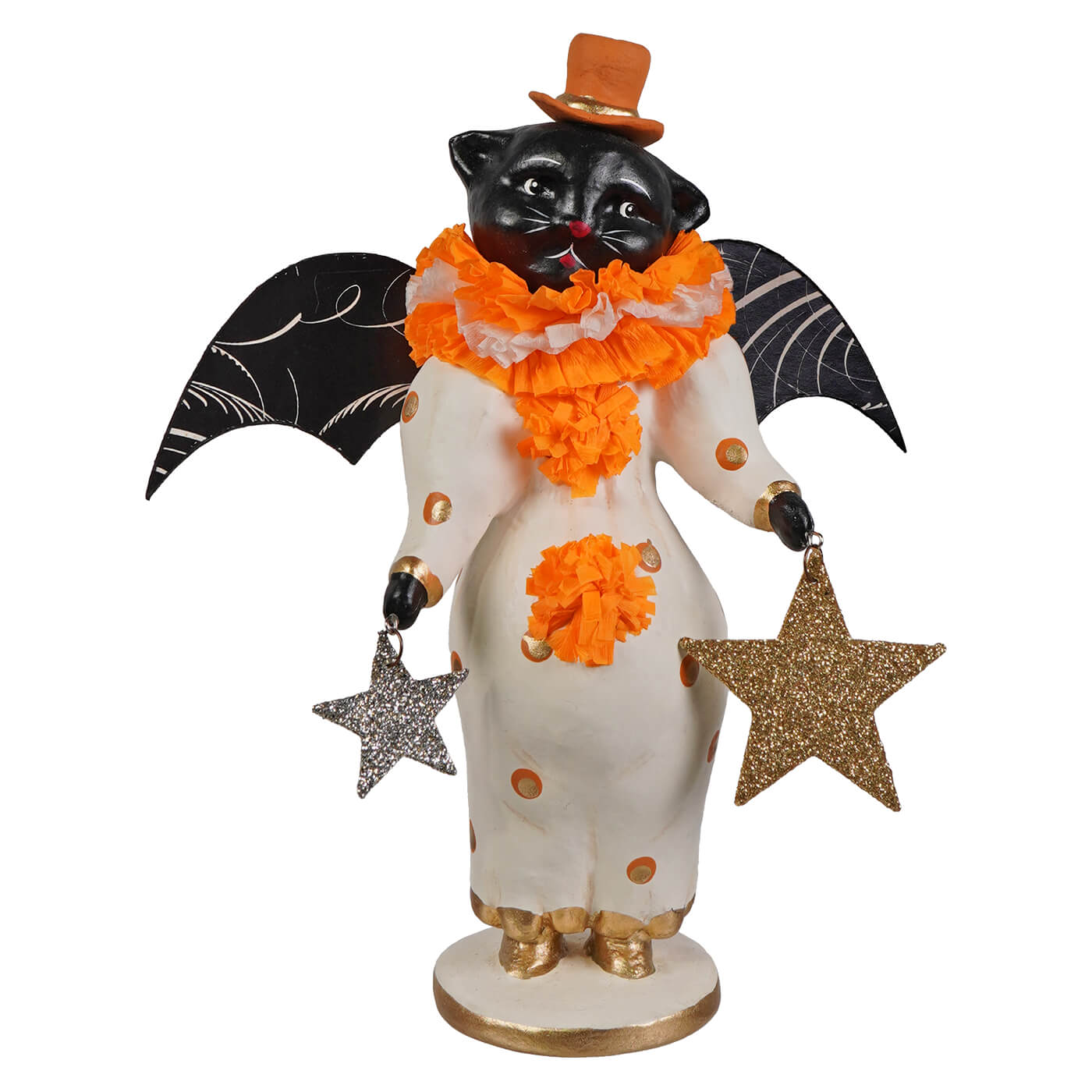 Little fancy pants cat figurine black halloween cat in white polka dot coat with orange ruffles and glittery stars
