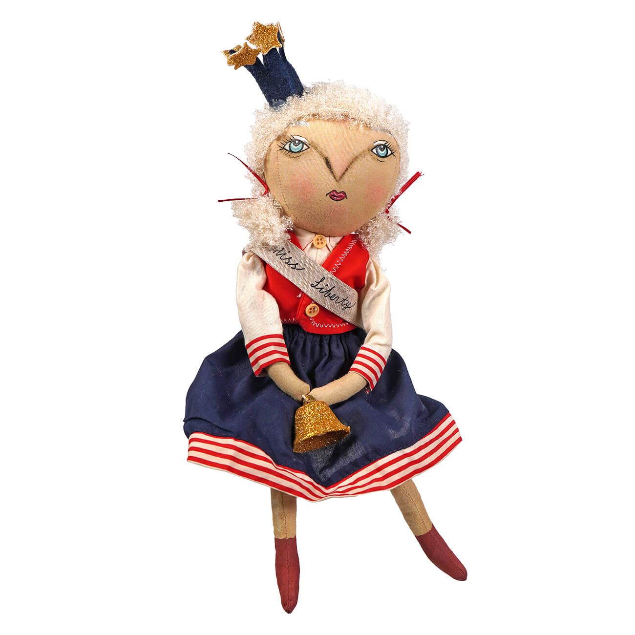 Handmade little miss liberty doll wearing red white striped dress and navy skirt holding gold glittery bell joe spencer doll