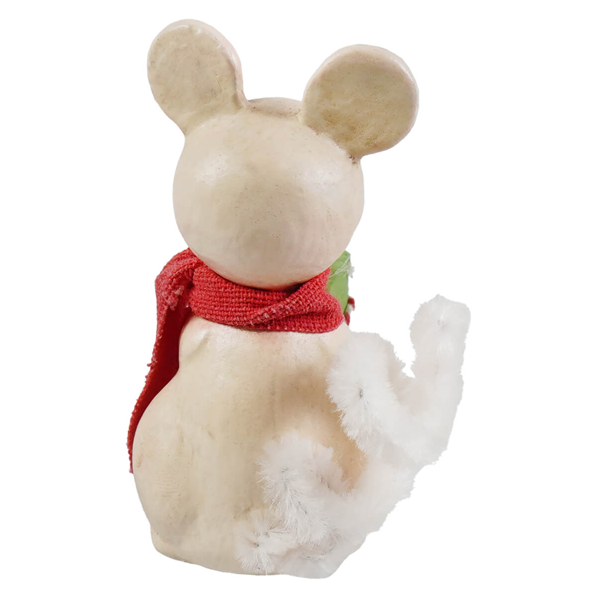 A cream-colored bethany lowe designs little mouse with gift figurine wearing a red scarf and white fluffy trim