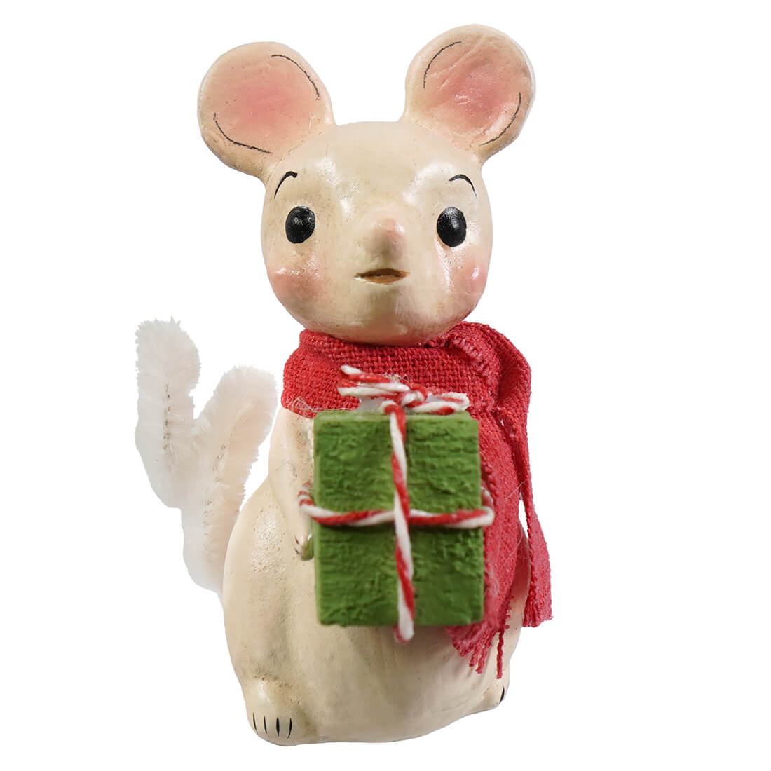 Cream-colored bethany lowe designs little mouse with gift figurine wearing red scarf holding green present perfect for christmas tree memzi or tree memzi mouse decor