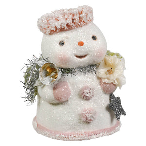 A charming white glittery bethany lowe little snow angel figurine with pink accents holding a bell and flower