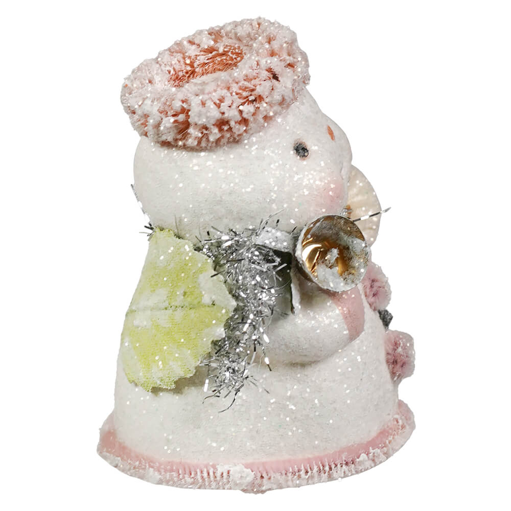 Little snow angel glittery white snowman figurine with pink silver halo and golden bell by bethany lowe classic angel tree toppers snow angel