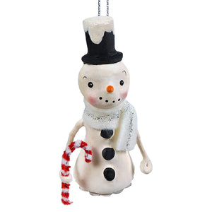 A charming white bethany lowe snowman ornament with a black top hat glittery scarf and candy cane for wreaths