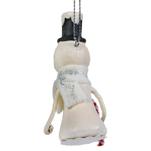 Little snowman ornament by bethany lowe featuring a white snowman with black top hat glittery scarf and candy cane detail