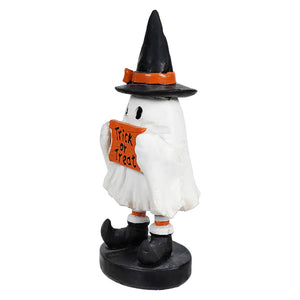 Little trick or treat ghost figurine white treat ghost holding orange sign wearing black witch hat halloween ghost decor