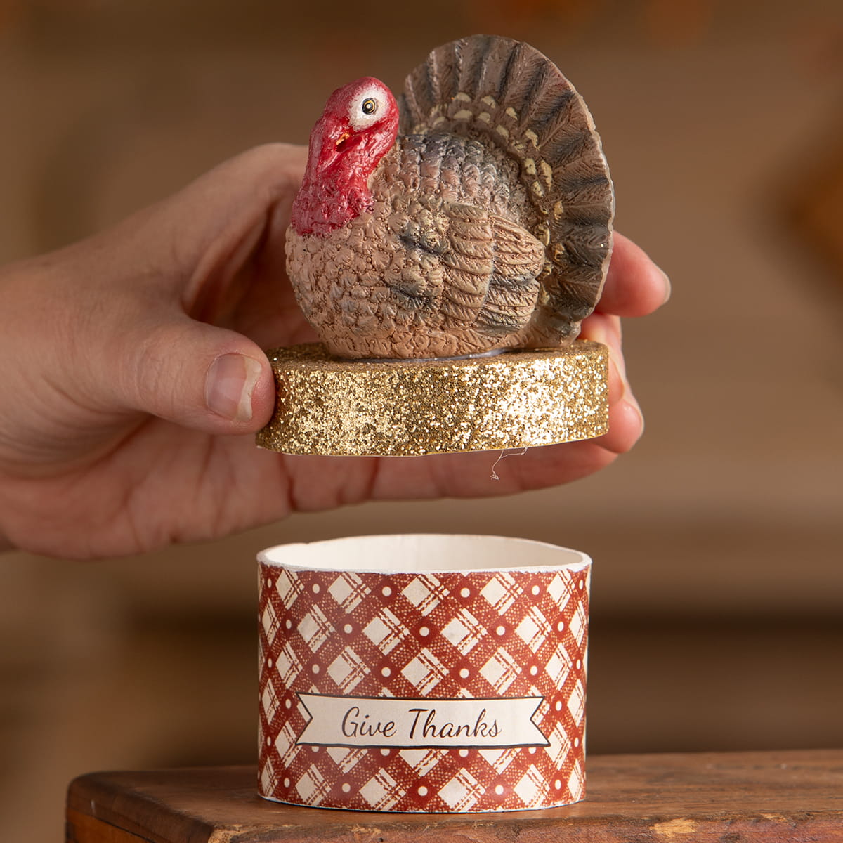 Little turkey on box decorative turkey figurine with red head and brown feathers on glittery gold base for thanksgiving decor