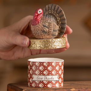 Little turkey on box decorative turkey figurine with red head and brown feathers on glittery gold base for thanksgiving decor