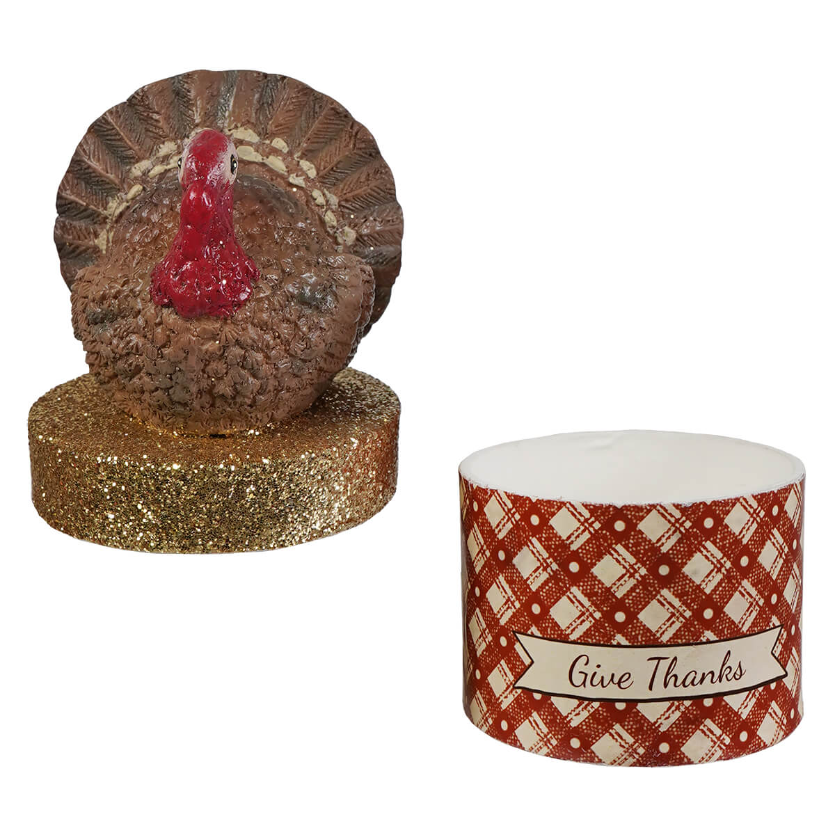 Brown ceramic little turkey on box with red wattle and glittery gold base perfect for thanksgiving decor and thanksgiving turkeys