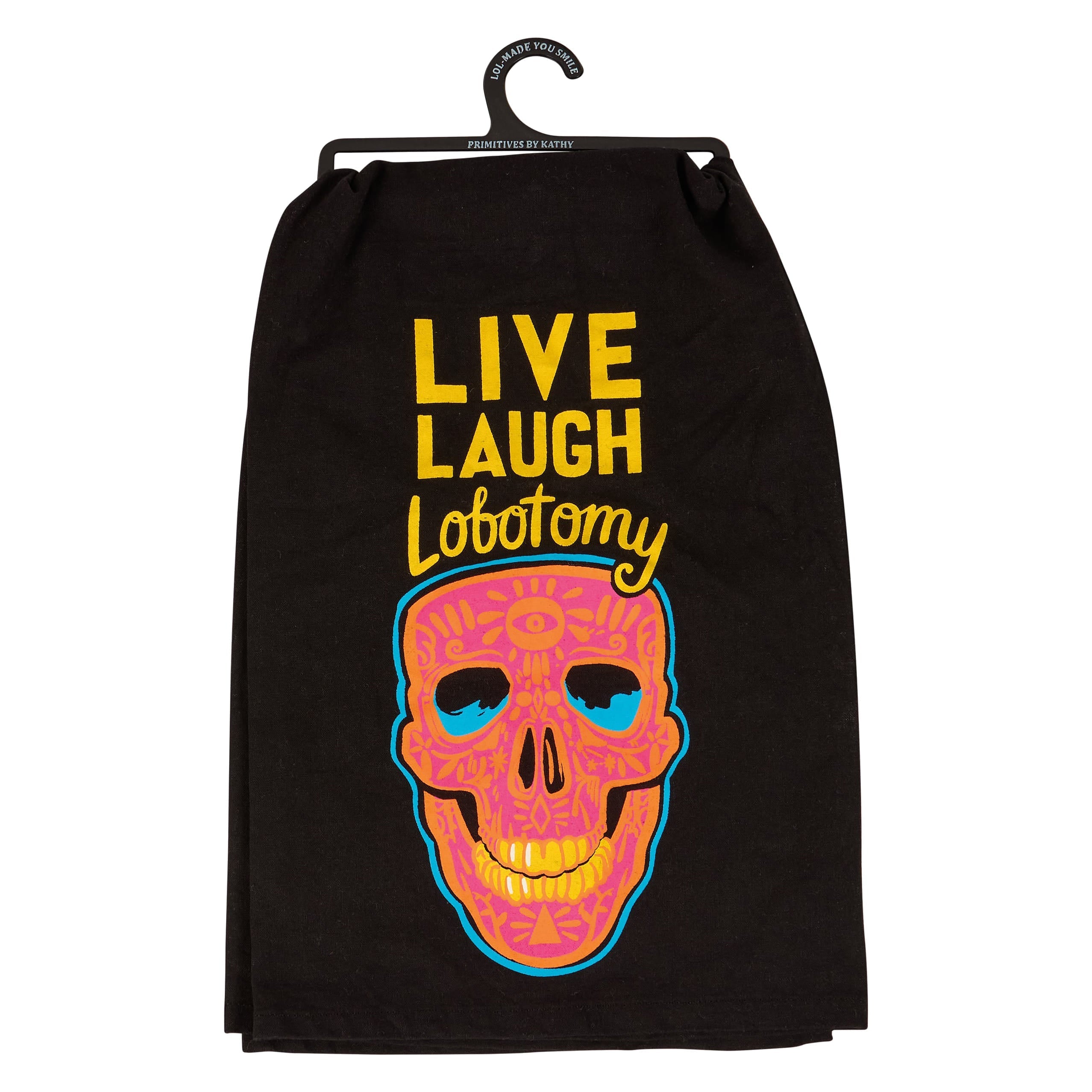 Black cotton drawstring bag with a vibrant sugar skull and live laugh lobotomy text perfect for dead & breakfast inn kitchen use