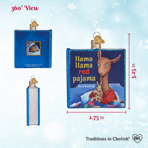 Blue glass llama llama red pajama book ornament with gold hanging loop perfect for book club ornament decor