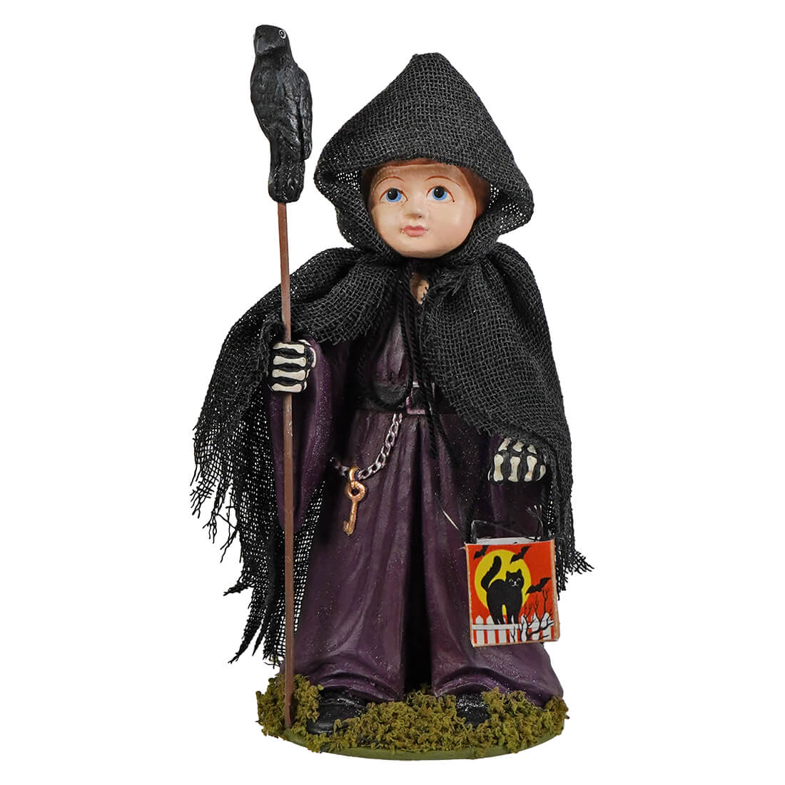 Black hooded ghoul with crow figurine in purple robe holding staff and halloween bag from bethany lowe halloween figures & dolls