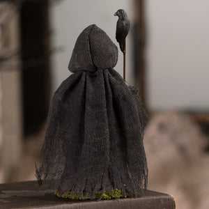 Dark gray textured burlap ghoul with crow hooded figure from bethany lowe halloween figures and dolls collection