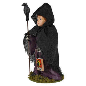 Black hooded ghoul with crow figurine in purple robe from bethany lowe halloween figures dolls collection