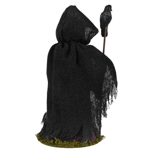 Black hooded ghoul with crow figurine wearing a textured burlap cloak from bethany lowe halloween figures & dolls