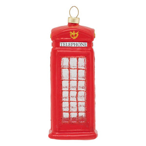 Red glass london calling ornament shaped like a classic british phone booth with gold detailing santa ornament