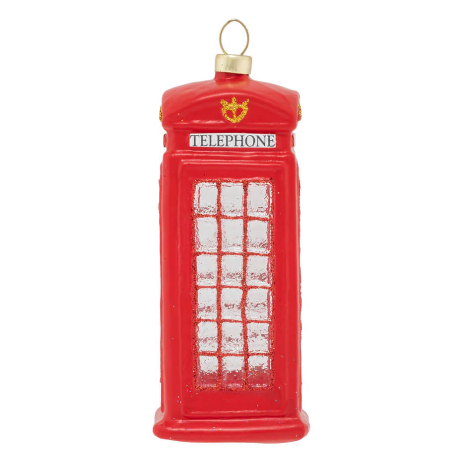 Red glass london calling ornament shaped like a classic british phone booth with gold detailing santa ornament